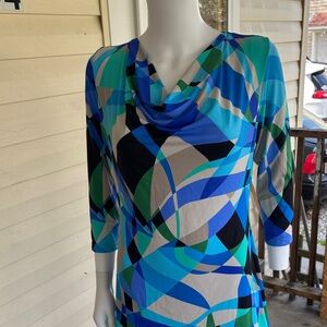 Barbara gerwit Blue Teal Black Abstract Cowl-Neck Dress
